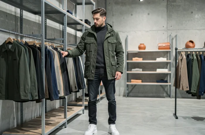 Homme en veste utilitaire verte et boots épaisses dans un concept store minimaliste au design industriel, mode homme tendances 2024