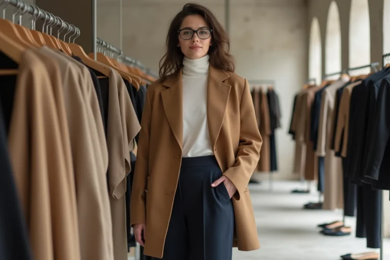 Femme élégante en blazer camel et pantalon large dans une boutique de mode parisienne minimaliste