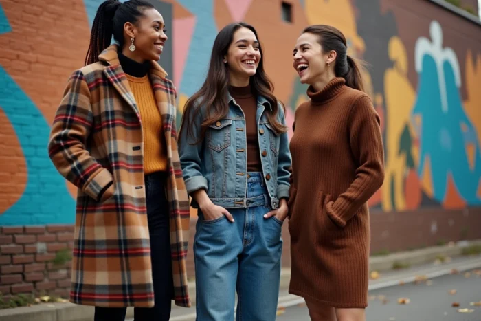 Groupe de trois amis arborant des tenues tendance automne devant une fresque murale urbaine colorée