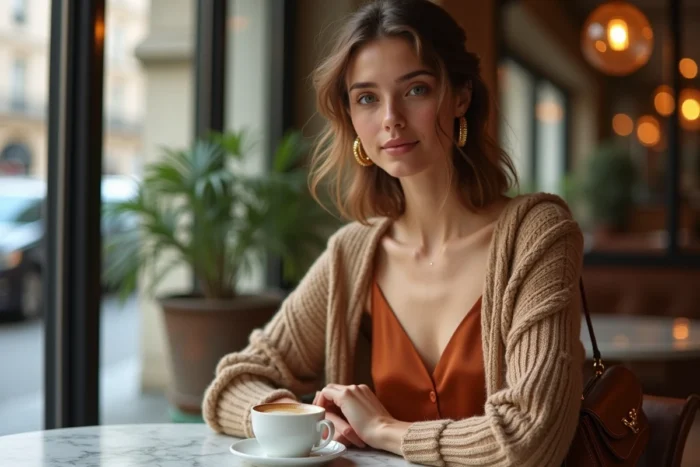Jeune femme en robe satin terracotta et cardigan côtelé assise dans un café parisien élégant
