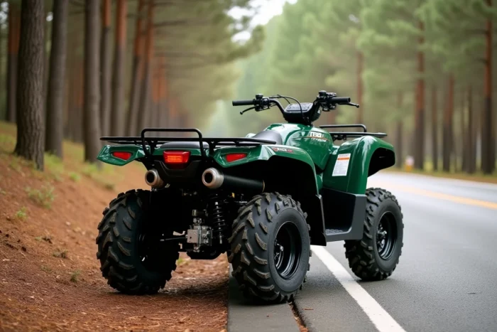 TGB Blade 600 LT EPS vert forêt garé au bord d'une route goudronnée en lisière de forêt de pins