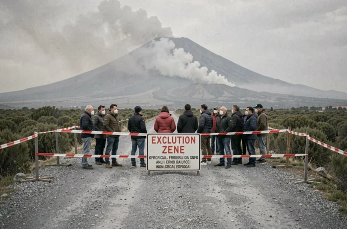 Touristes portant des masques devant un panneau de zone d'exclusion au pied de l'Etna avec des nuages de cendres en arrière-plan
