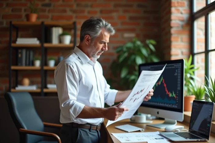 Trader indépendant analysant un rapport boursier dans un bureau à domicile avec décoration en brique et livres de finance