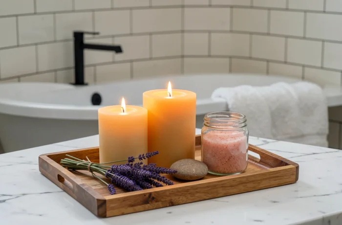 Plateau en bois avec trois bougies allumées dans une salle de bain pour un rituel bien-être et relaxation style spa