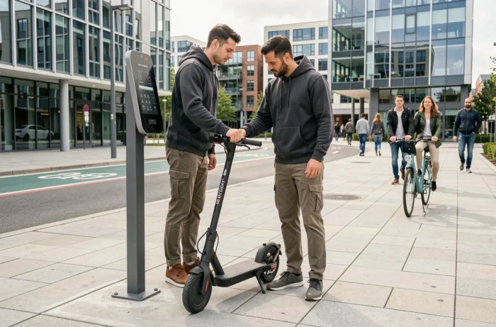 Jeune homme déverrouillant une trottinette électrique en libre-service dans un espace urbain moderne