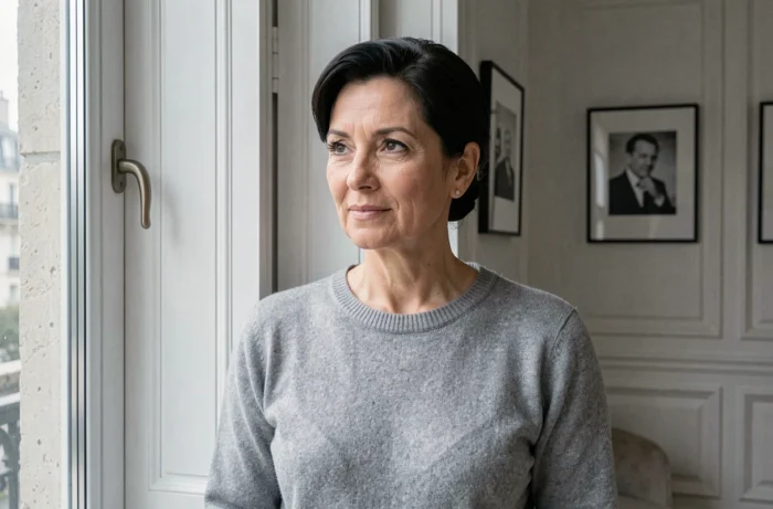 Femme élégante et réfléchie dans un appartement parisien raffiné, illustrant les révélations intimes sur la vie conjugale et personnelle de Véronique Jacquier