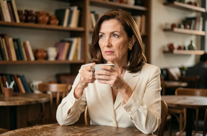 Portrait intimiste d'une femme élégante dans la cinquantaine attablée dans un café parisien, évoquant des confidences sur sa vie privée et son mariage