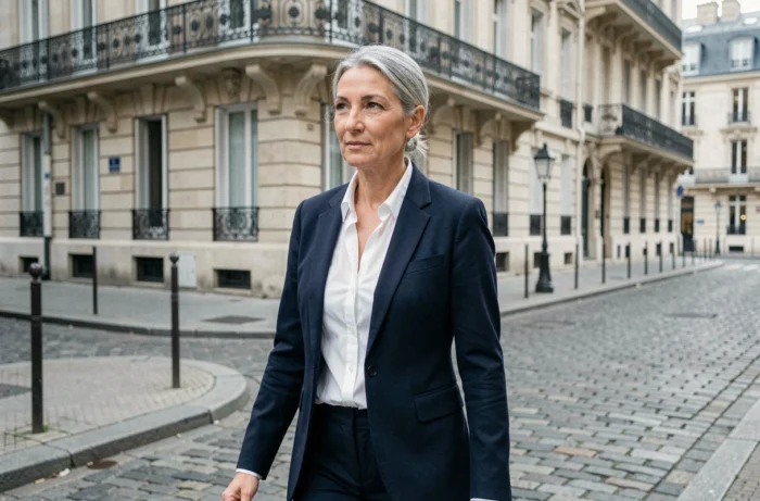 Femme distinguée marchant dans une rue pavée de Paris, portrait éditorial en plein air illustrant les confidences sur le mariage et la vie privée de Véronique Jacquier