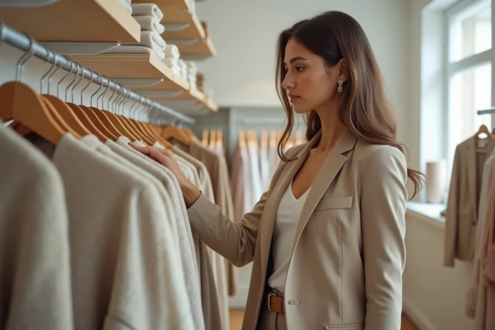 Jeune femme feuilletant des vêtements dans une boutique moderne inspirée des tenues de la série Demain nous appartient