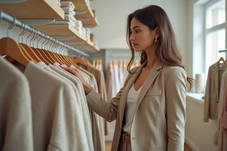 Jeune femme feuilletant des vêtements dans une boutique moderne inspirée des tenues de la série Demain nous appartient