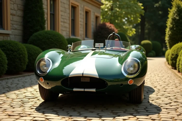 Voiture de course vintage luxueuse garée devant un manoir élégant symbolisant la fortune et le succès