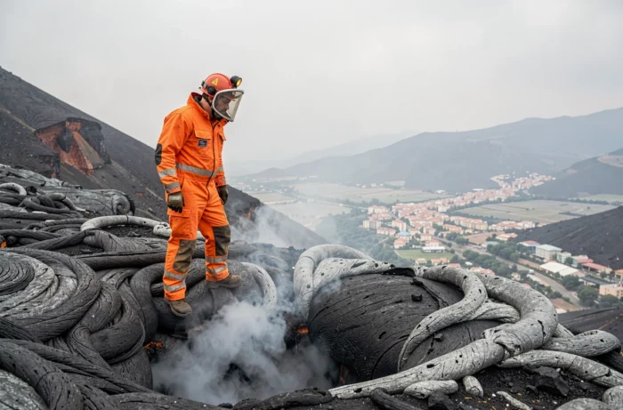 Volcanologue en combinaison de protection observant une fissure fumante sur les pentes de l'Etna en Sicile