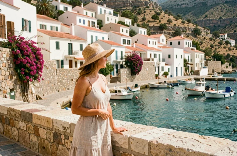 Jeune femme en robe de lin au bord d'un port méditerranéen avec maisons blanches et bateaux de pêche colorés