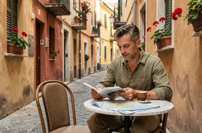Voyageur consultant un guide touristique dans une ruelle méditerranéenne pavée avec café et carte de voyage