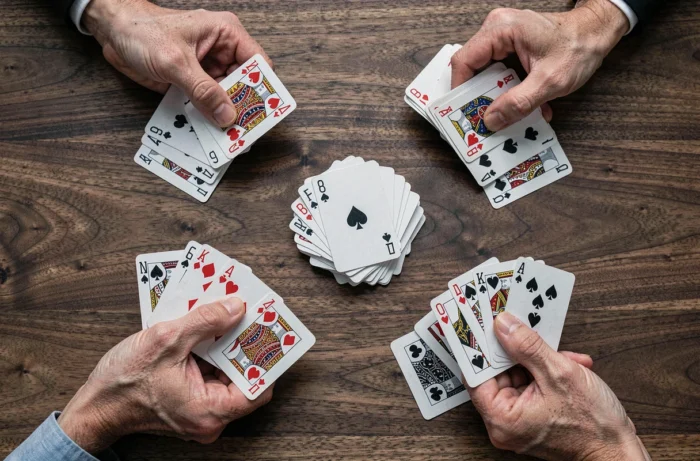 Vue aérienne d'une partie de 8 américain en cours avec cartes et mains de joueurs sur une table en bois sombre