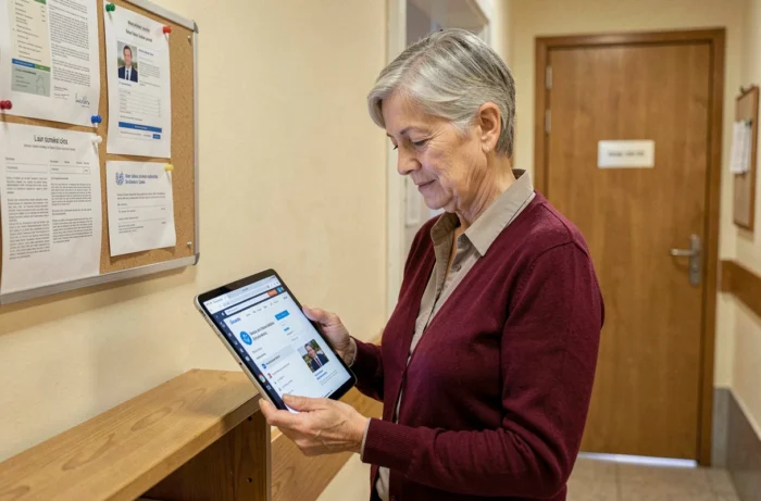 Responsable administrative consultant le webmail de l'académie de Grenoble sur une tablette dans un couloir d'école