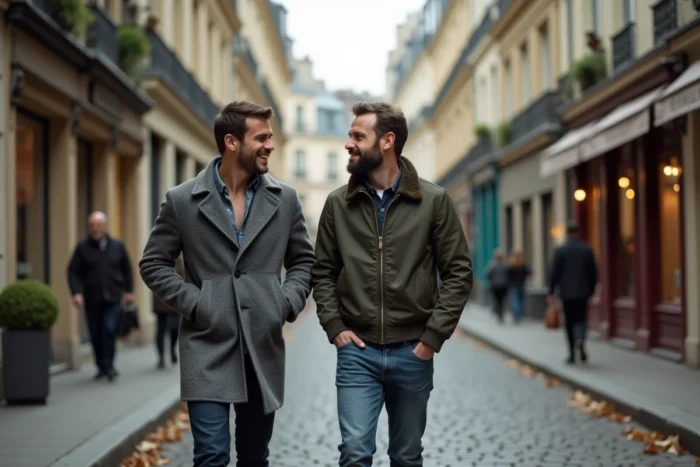 Deux hommes complices marchant ensemble dans une rue pavée parisienne en automne, échangeant un sourire naturel