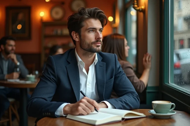 Portrait d'un homme élégant dans un café parisien, carnet ouvert devant lui, regard pensif vers la fenêtre