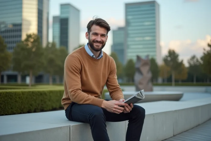Homme posé et élégant assis dans un parc urbain moderne, tenant un magazine, expression sereine et assurée
